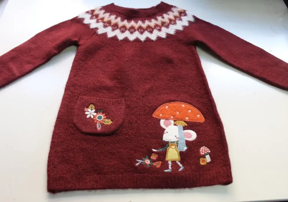 Knitted dress size 1 to 2 years Soft brown wool cute mouse design long sleeves - Picture 1 of 5